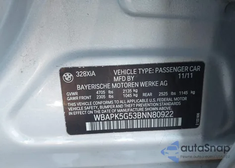 2011 BMW 328I xDrive from USA, damaged, VIN WBAPK5G53BNN80922